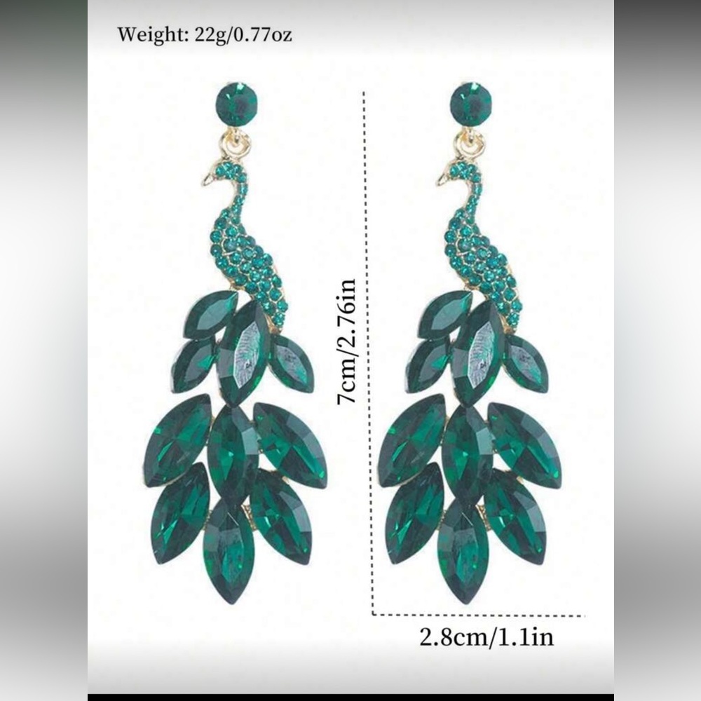 Elegant Green Peacock Earrings nwt - Picture 3 of 8